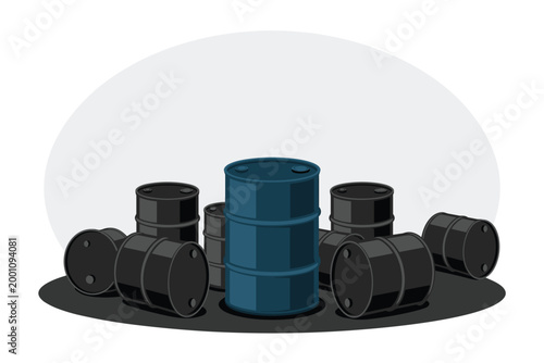 Group of black oil barrels with one central blue barrel on grey background, petroleum concept