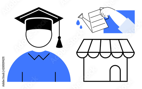 Education, small business growth, entrepreneurship, sustainability, investments, success. Graduate icon, hand watering and store illustration. Education and small business growth concept
