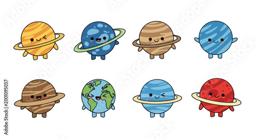 Cartoon planets with smiling faces