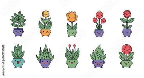 Cartoon plant characters in colorful pots