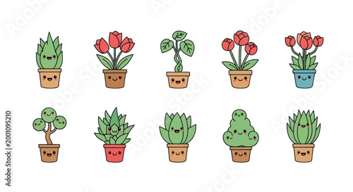 Cartoon potted plants collection on white