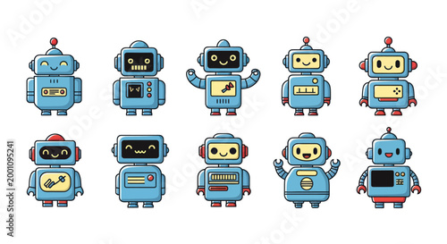 Cartoon robots collection isolated on white