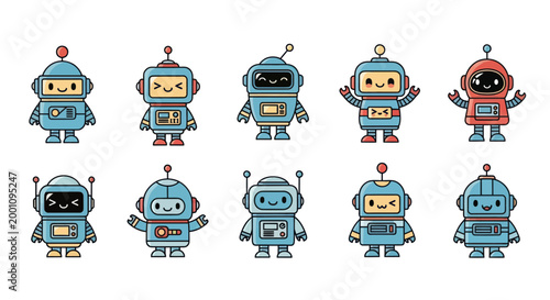 Cartoon robots collection isolated on white