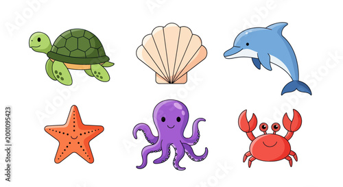 Cartoon sea creatures set on white background