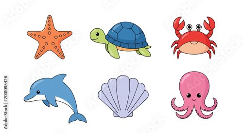 Cartoon sea creatures set on white