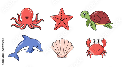 Cartoon sea creatures set on white background