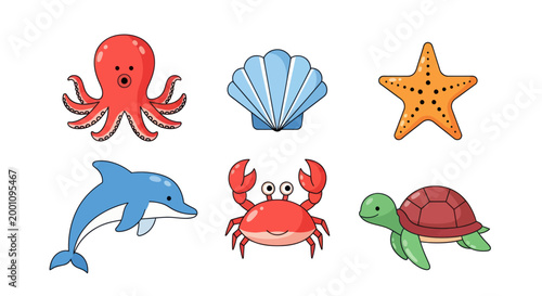 Cartoon sea creatures set on white background