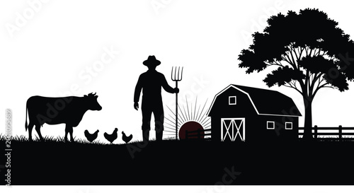 Farm life silhouette a farmer cow chickens and barn in a black and white scene
