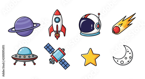 Cartoon space elements planet rocket astronaut