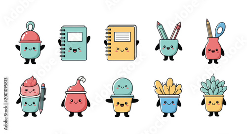 Cartoon stationary and plants collection