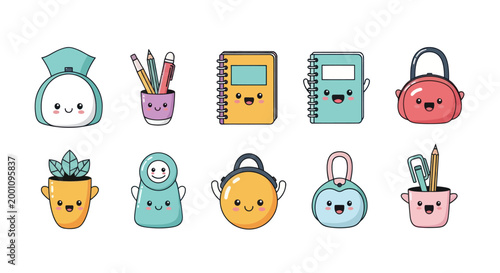 Cartoon stationery set with cute smiling faces