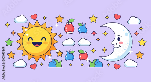 Cartoon sun moon clouds stars vector illustration