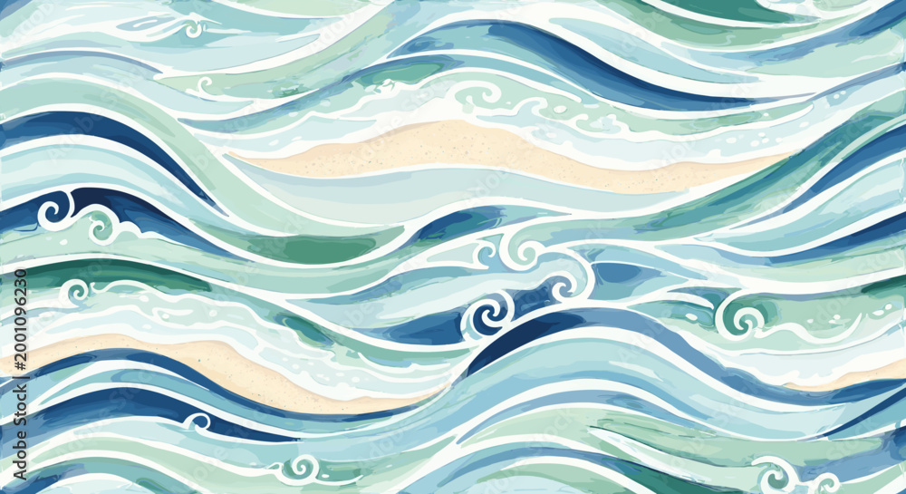 Fototapeta premium Abstract watercolor waves with flowing blue and green tones