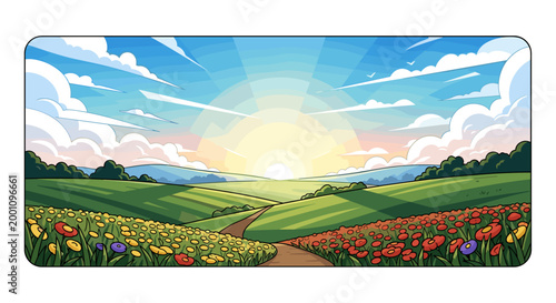 Beautiful sunrise over colorful blooming countryside landscape