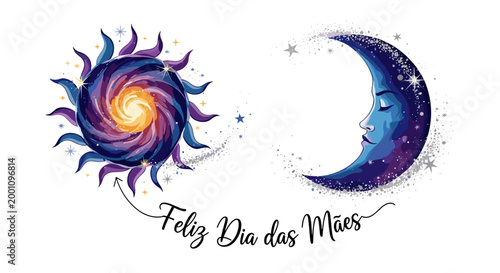 Illustration of a colorful swirling galaxy and moon