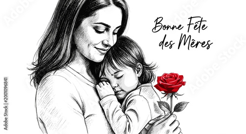 Mother and child holding a red rose in hand