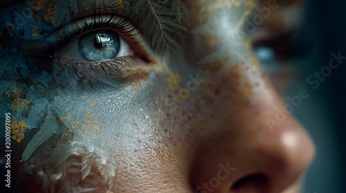 Intense Gaze: Capturing the intricate details of an eye with striking blue hues, framed by a delicate artistic design that adds depth and mystery. A close up portrait explores inner depth of soul.