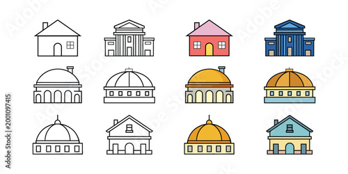 Colorful building icons set houses domes and architectural structures silhouette