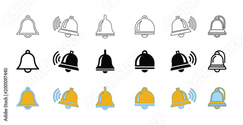 Bell icon set diverse styles and colors in a grid arrangement silhouette