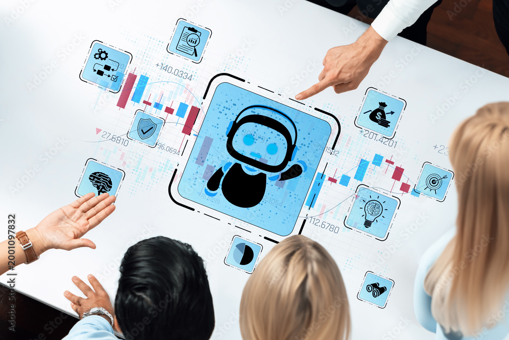 Fototapeta premium Group of People Analyzing Digital Financial Data with Chatbot Icon on Abstract Touchscreen Interface in Modern Office Sigmoid