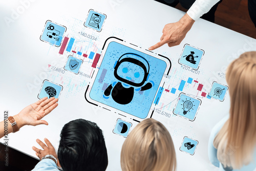 Group of People Analyzing Digital Financial Data with Chatbot Icon on Abstract Touchscreen Interface in Modern Office Sigmoid