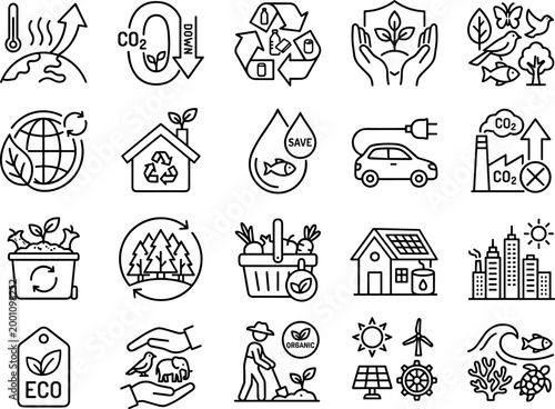 eco friendly technology and sustainability vector icons, electric transport and waste recycling line symbols, renewable energy and climate protection set on transparent background
