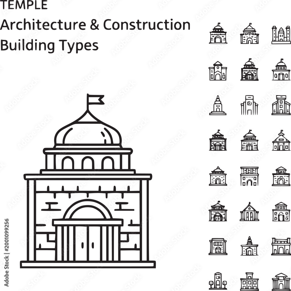 Fototapeta premium Temple architecture and construction building types, set of 25 thin line icons, religious and historic landmark vector illustrations