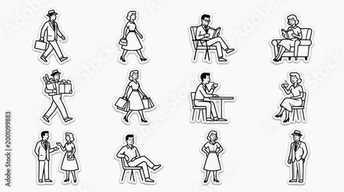 Collection of retro line art illustrations featuring people in daily life activities and poses