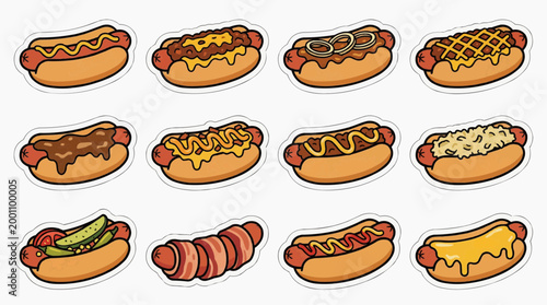 Set of gourmet hot dog and sausage illustrations with various toppings in doodle style