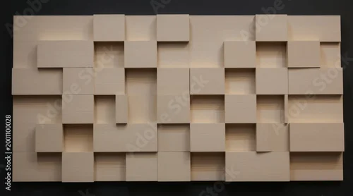 Panel kuchenny z motywem Light wood geometric wall paneling with 3D effect. Natural material, abstract pattern with cubes and squares creating depth. Modern interior design element.