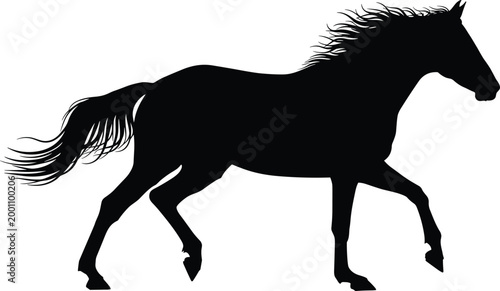 Horse silhouette, galloping motion, trotting posture, flowing mane, dynamic energy, powerful animal, graceful movement, equestrian symbol, speed concept, wildlife
