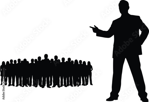 Leadership silhouette, authority figure, group communication, influence posture, guidance symbol, teamwork concept, motivational stance, power dynamic, human outline, direction