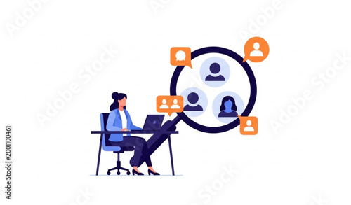 Flat vector illustration of marketing specialist researching audience targeting and customer engagement insights
