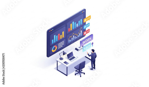 Isometric digital marketing analytics dashboard with work growth charts and professional character analyzing performance