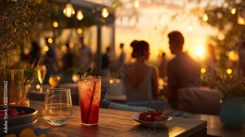 Sunset Cocktail Gathering: A vibrant cocktail glass sits on a table, front and center, a beacon of the social setting with silhouettes of a couple and figures in the blurred background.
