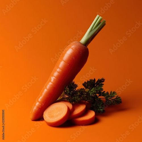Carrot with green leaves, sliced