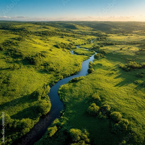 Sunlit river through green fields