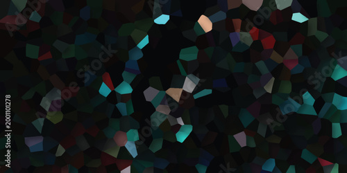Dark abstract mosaic with vibrant teal, deep red, and subtle orange polygonal fragments on a black background