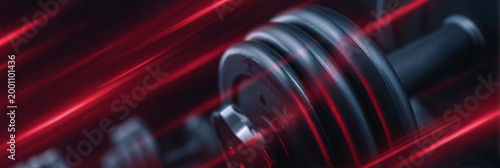 Close-up of a black dumbbell with metallic plates on a dark background, dynamic red light streaks creating a sense of motion and energy in a fitness setting