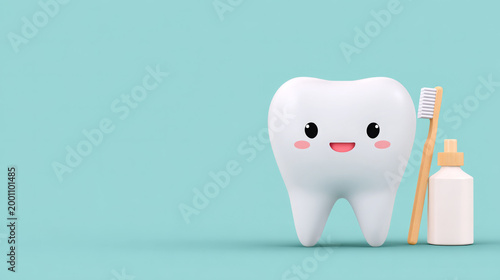 Cartoon tooth character with a smiling face stands next to a toothbrush and a bottle of toothpaste on a light blue background in a playful dental hygiene concept