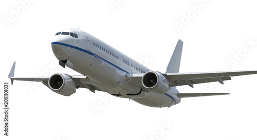 Large commercial airplane aircraft flying in sky with white background, isolated on white, travel transportation concept