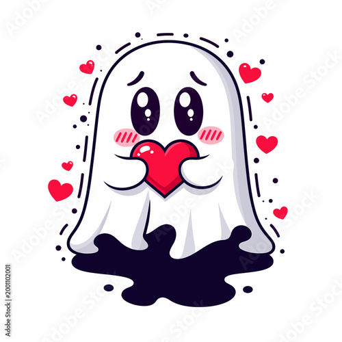 Cute Ghost Holding a Heart with Love and Affection in a Whimsical and Charming Illustration