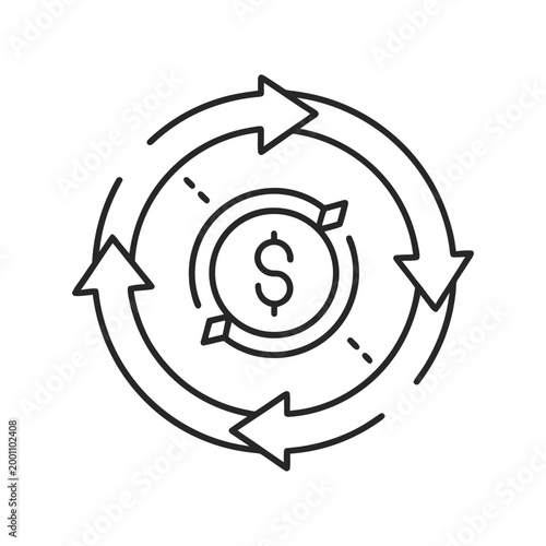 Minimal line art of currency exchange arrows with coin symbol, finance concept, clean vector outline