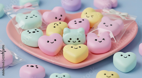 Adorable Kawaii Pastel Heart and Bear Shaped Candies with Cute Smiley Faces on a Pink Heart Plate Perfect for Valentines Day Gifting Sweet Treats and Festive Parties