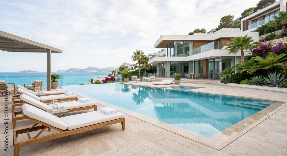 Fototapeta premium A luxurious modern house with a large swimming pool and sun loungers overlooking the ocean and mountains