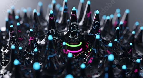 Futuristic 3D Abstract Visualization of Digital Spikes with Glowing Neon Circuits Representing Advanced Artificial Intelligence Cybersecurity and Nanotechnology