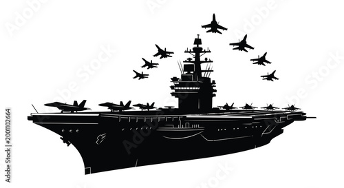 Naval power projection silhouette of an aircraft carrier with fighter jets in flight