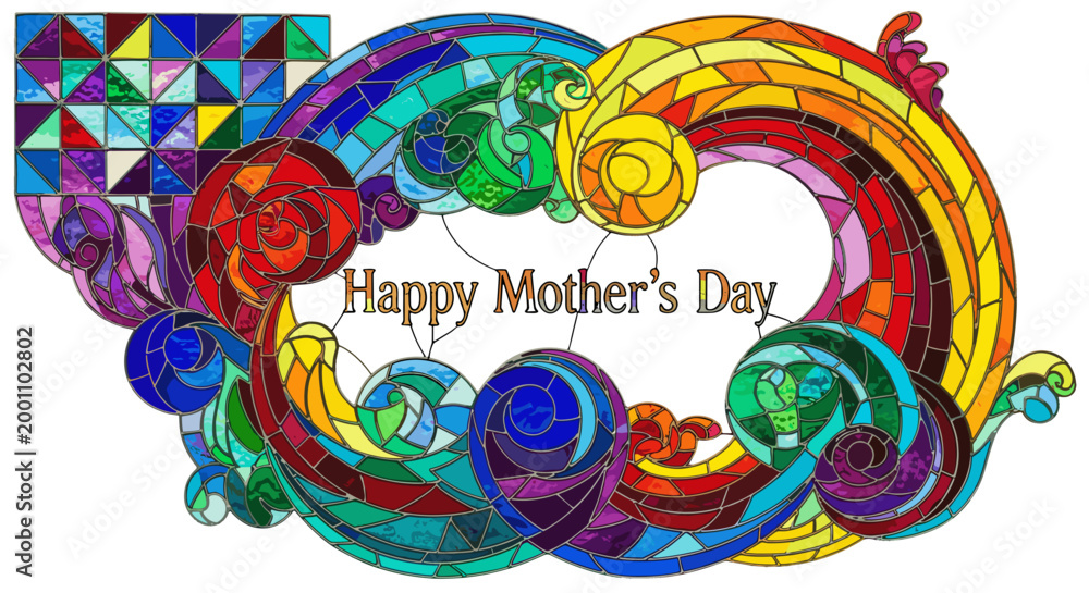 Obraz premium Vibrant stained glass swirls frame happy mother's day text with geometric pattern