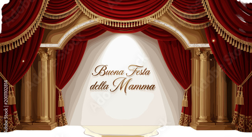 Elegant theater stage with red velvet curtains and golden columns celebrating