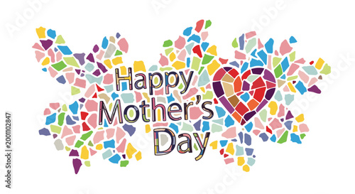 Happy mother's day greeting card with colorful mosaic heart and floral elements